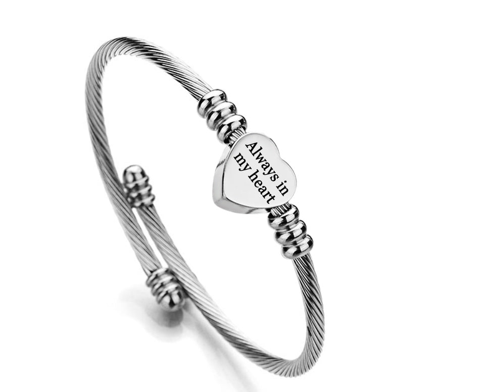 Solid Stainless Steel Heart Message Bracelet: Always in My Heart